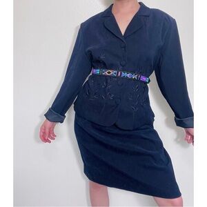 Sag Harbor | Navy Faux Suede Embroidered Floral Blazer and Skirt Suit Set